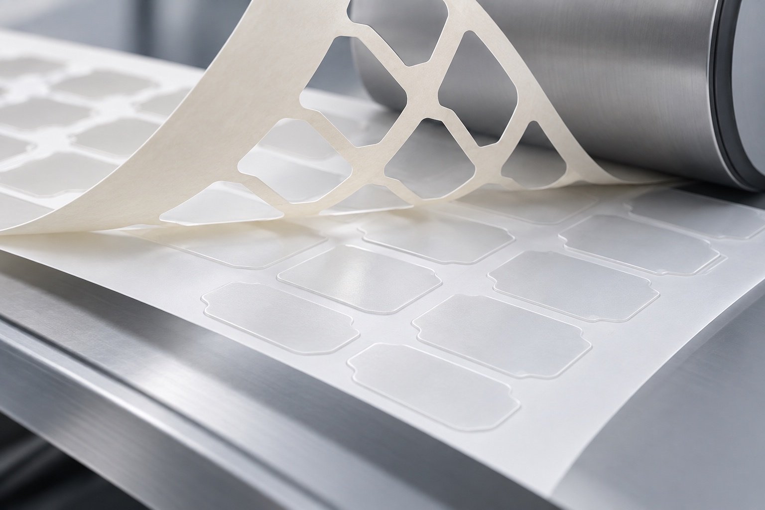 Conceptual adhesive converting web with release liner and die-cut profiles.