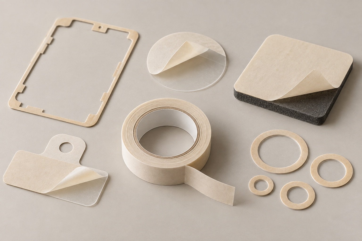 Conceptual adhesive tape frames, rings, pads and peeled release liners.