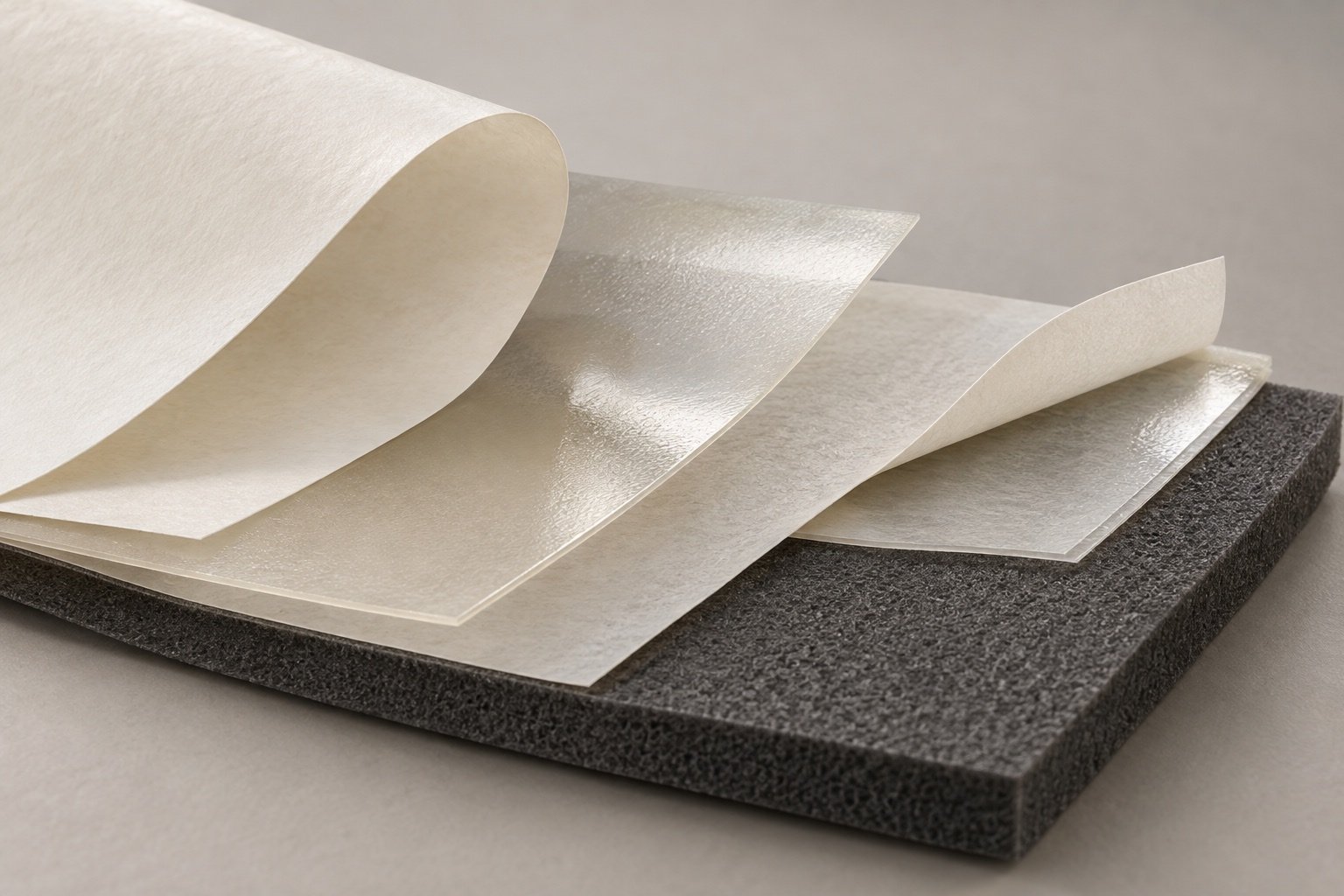 Conceptual layered adhesive film, release liner and adhesive-backed foam.