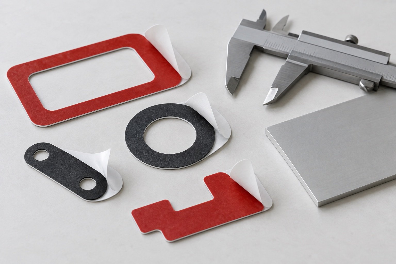 Conceptual die-cut adhesive parts beside a plain caliper and substrate sample.
