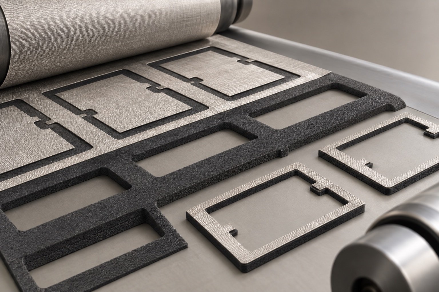 Conceptual conductive fabric and foam converting web with cut shielding frames.