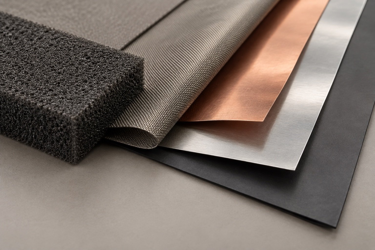 Conceptual conductive foam, woven fabric and metallic foil layers.