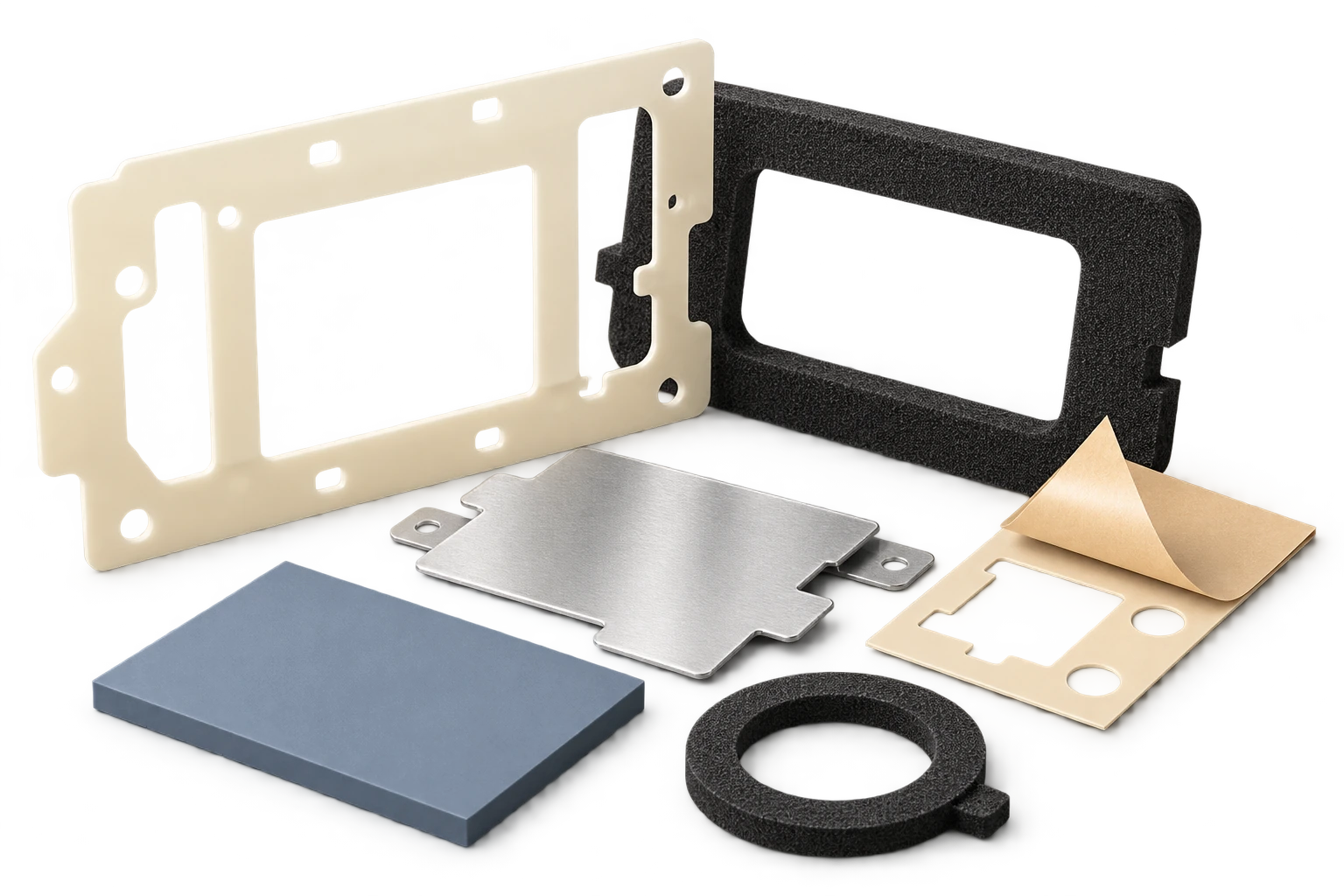 Conceptual arrangement of die-cut insulation, foam, adhesive, shielding and thermal components.