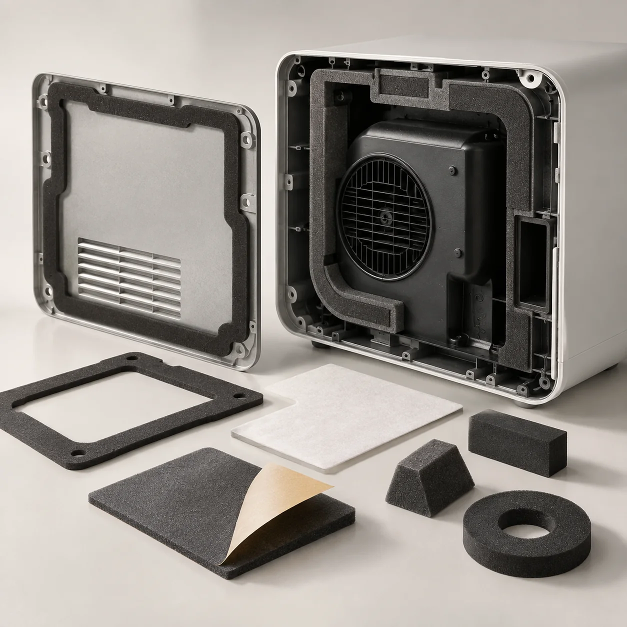Appliance enclosure with foam sealing and insulation components