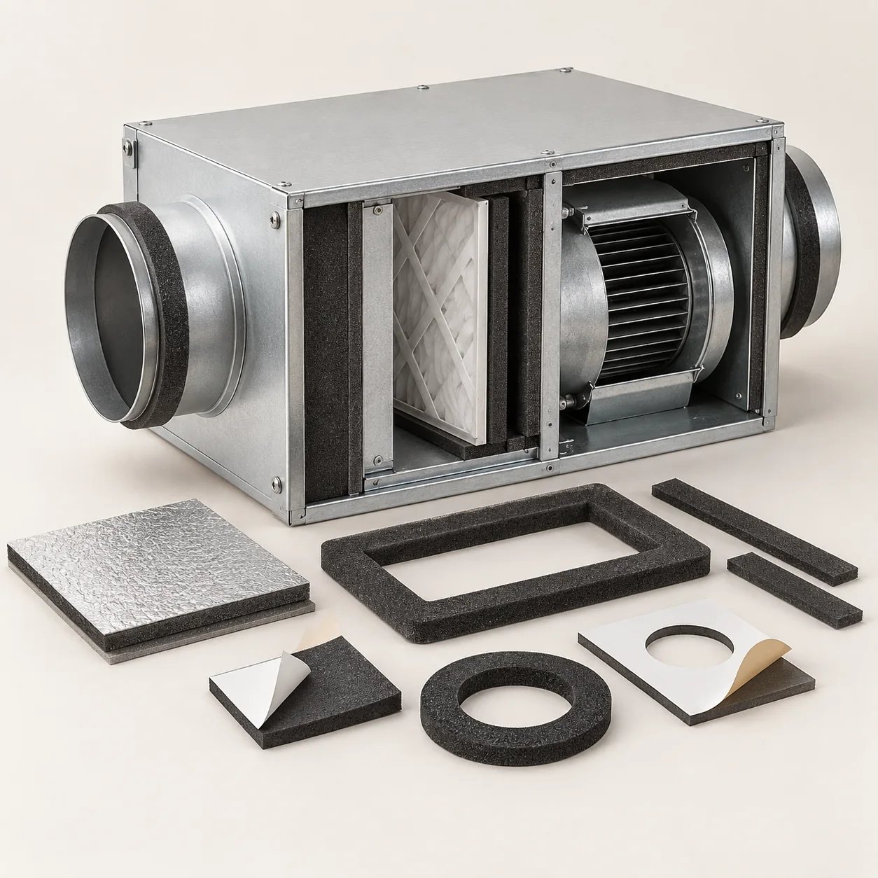 HVAC air-handling module with foam gasket and insulation pieces