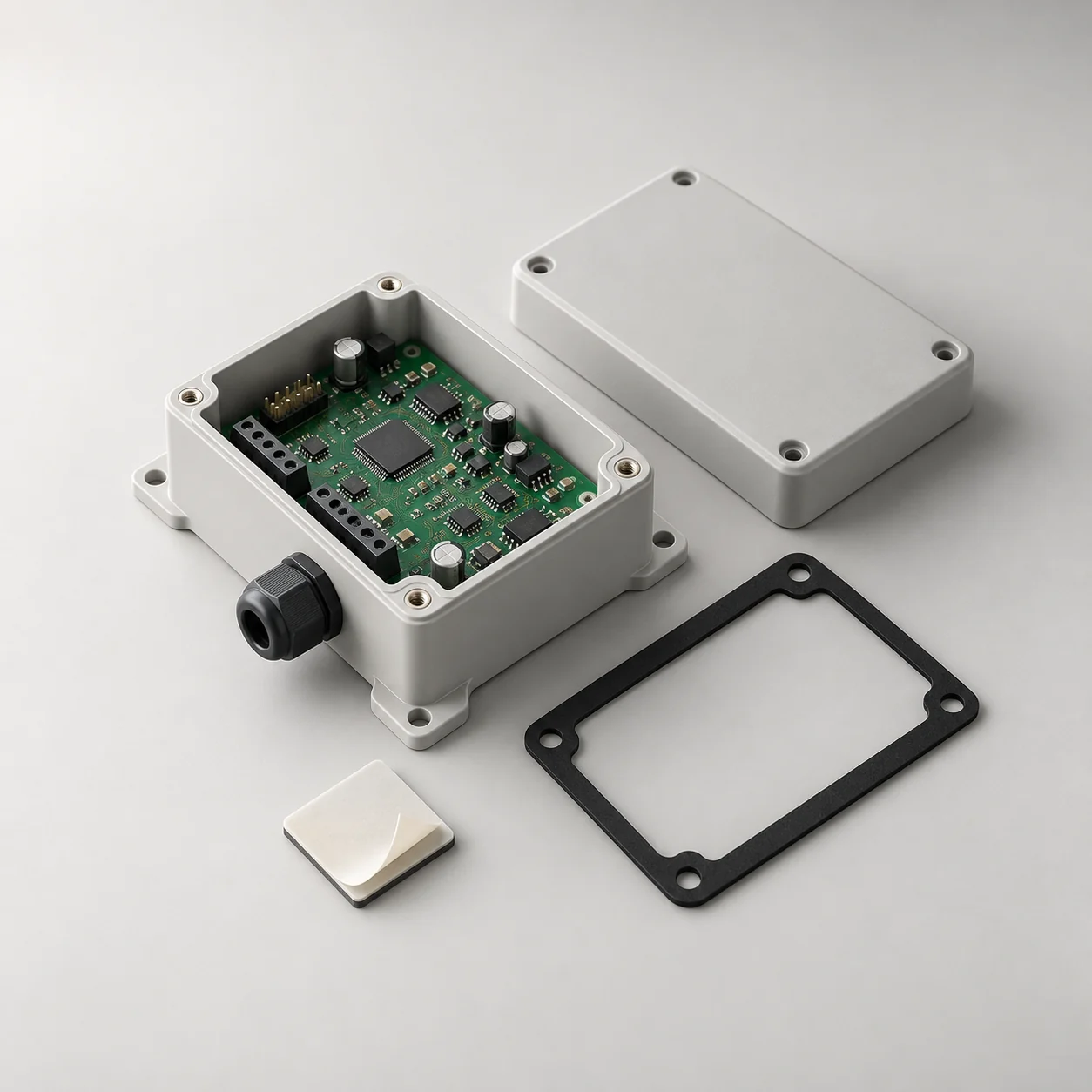 Industrial control enclosure with sealing gasket and adhesive component