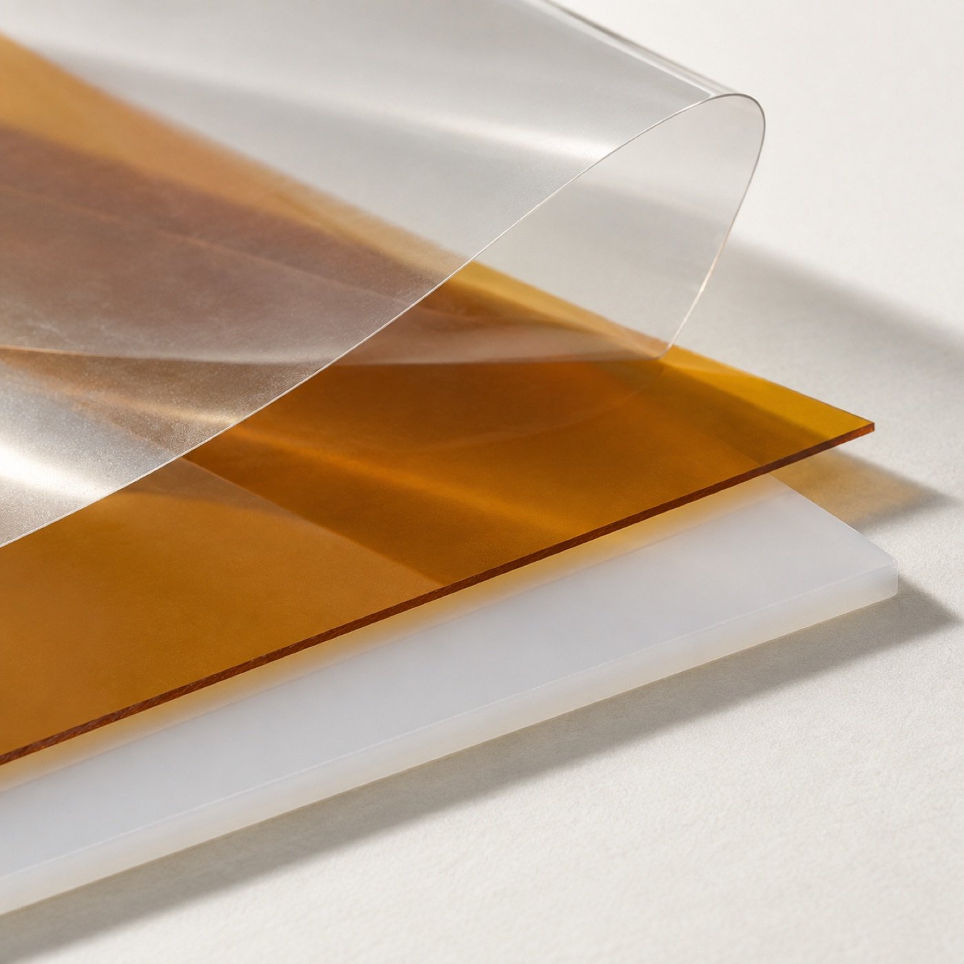 Layered translucent polyester, amber polyimide and pale insulation sheets.
