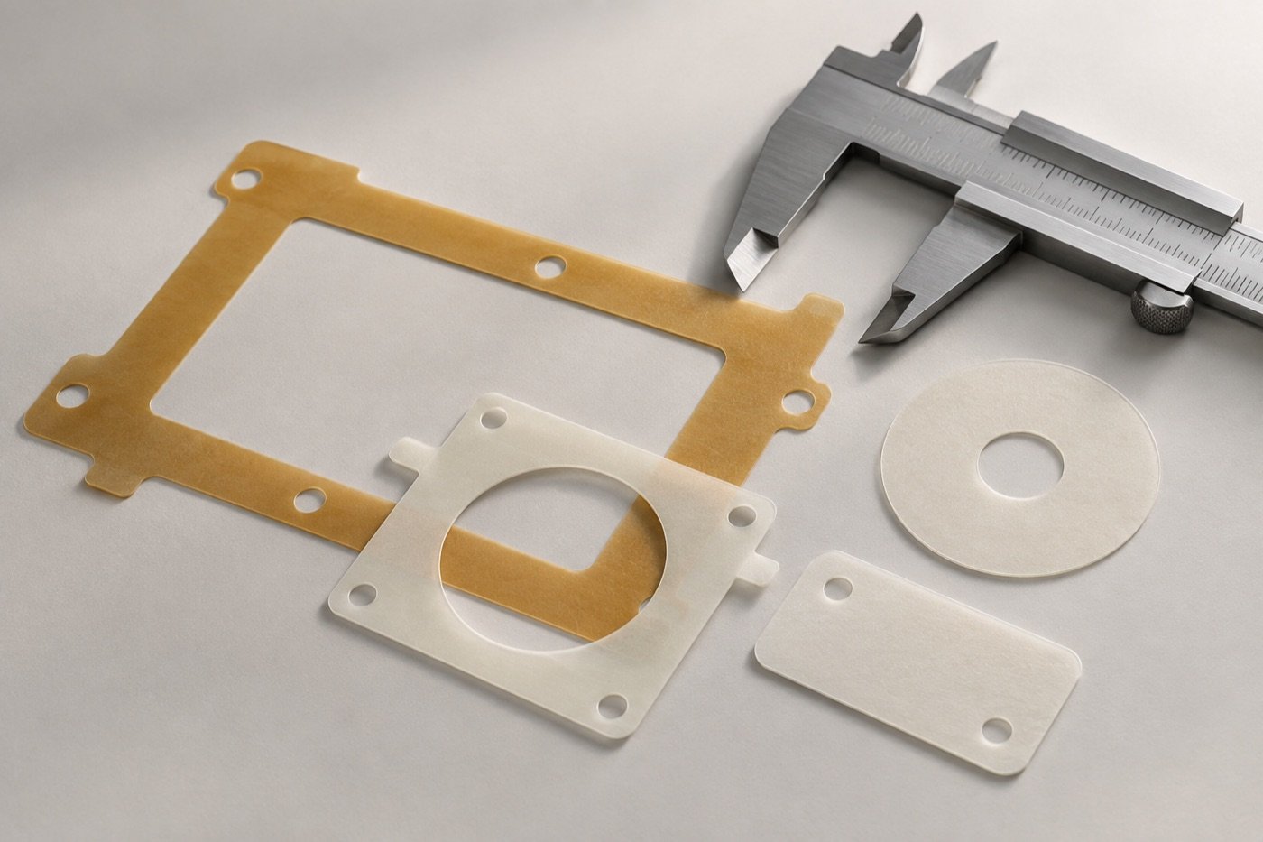 Conceptual insulation frames and pads beside a plain caliper on a work surface.
