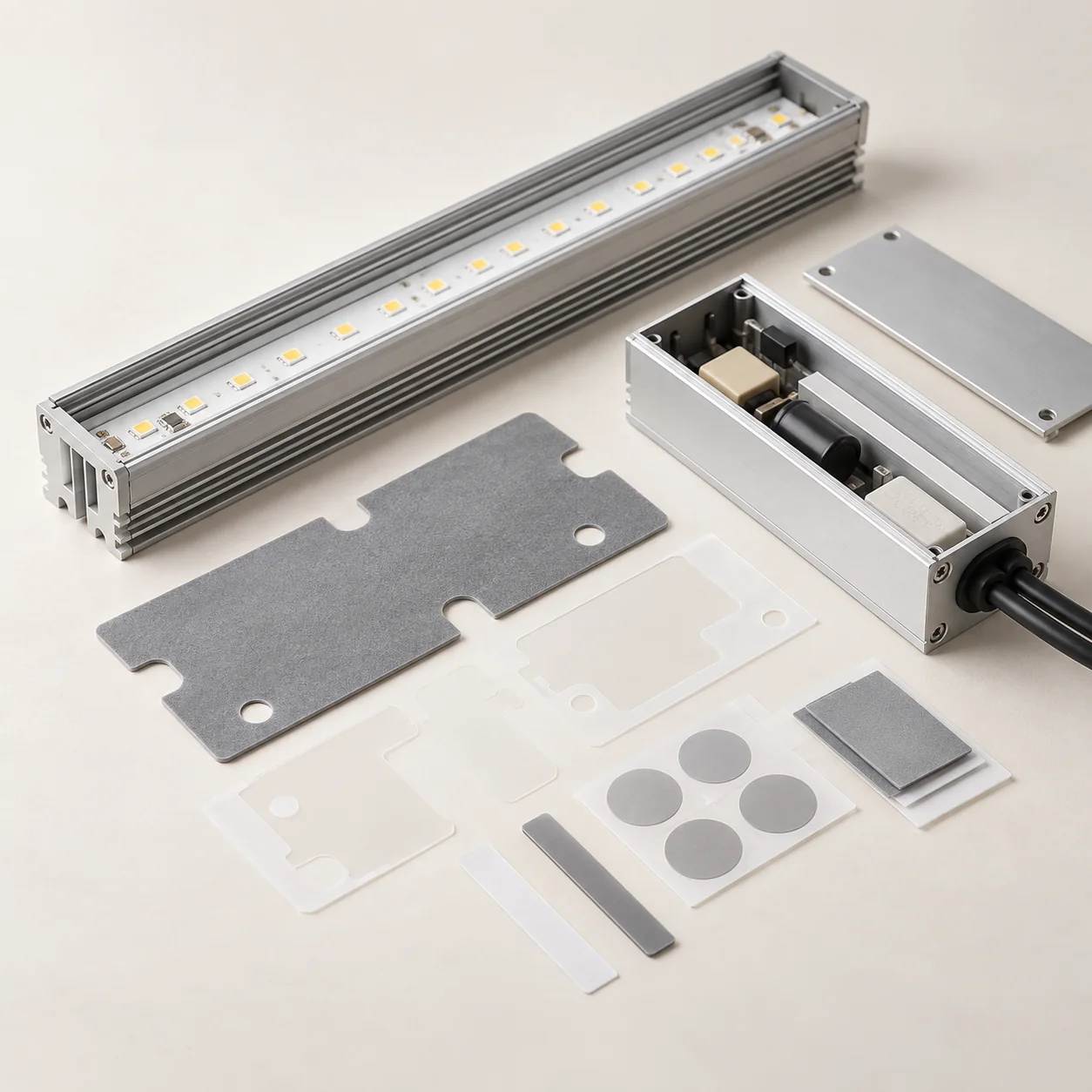 LED lighting assembly with thermal interface and insulation pieces