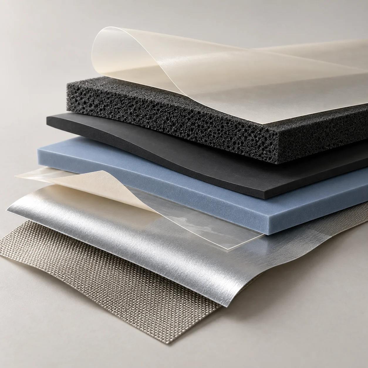 Conceptual stack of films, foam, rubber, adhesive and conductive sheet materials
