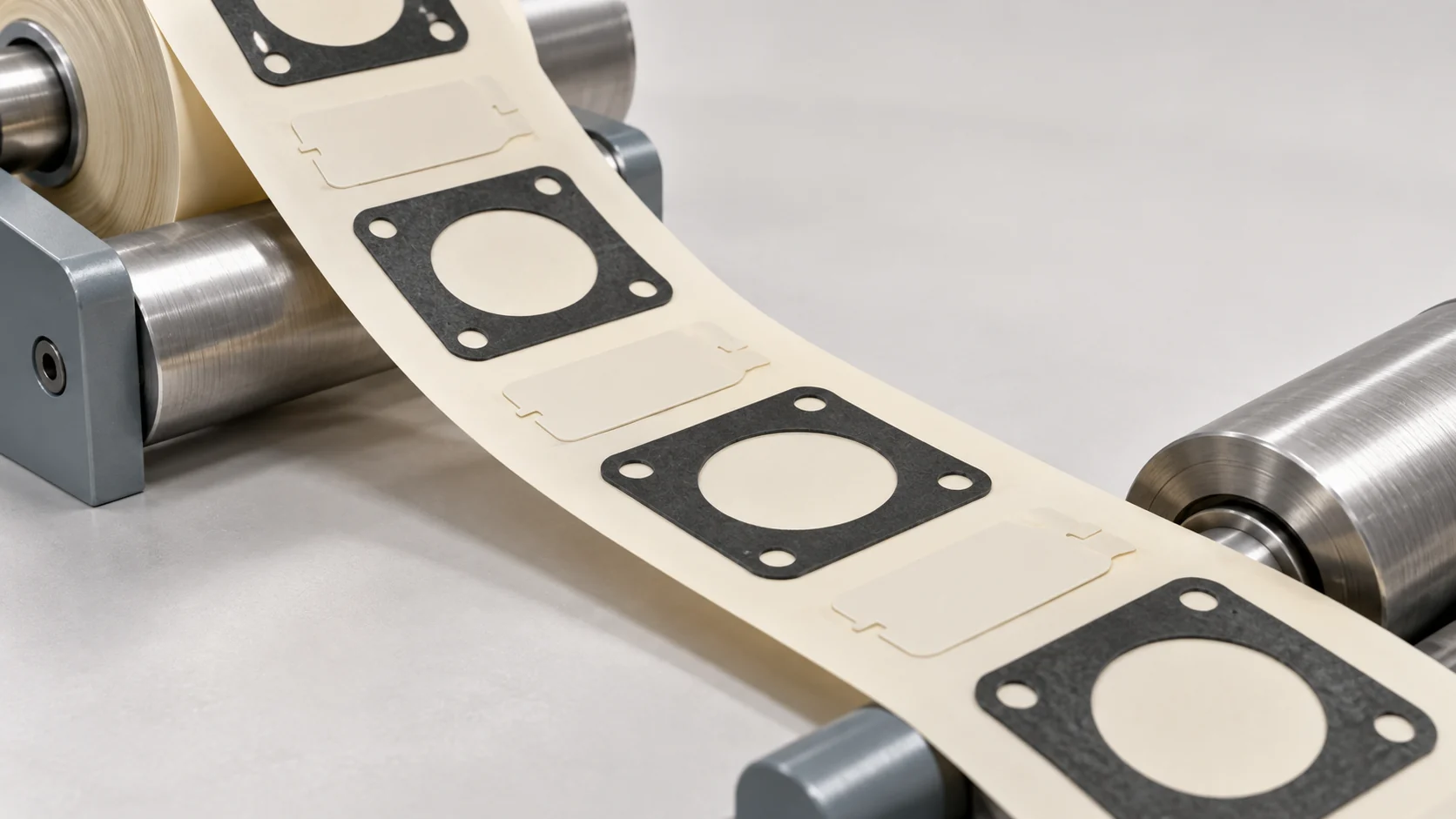 Conceptual die-cut component web passing between neutral converting rollers.
