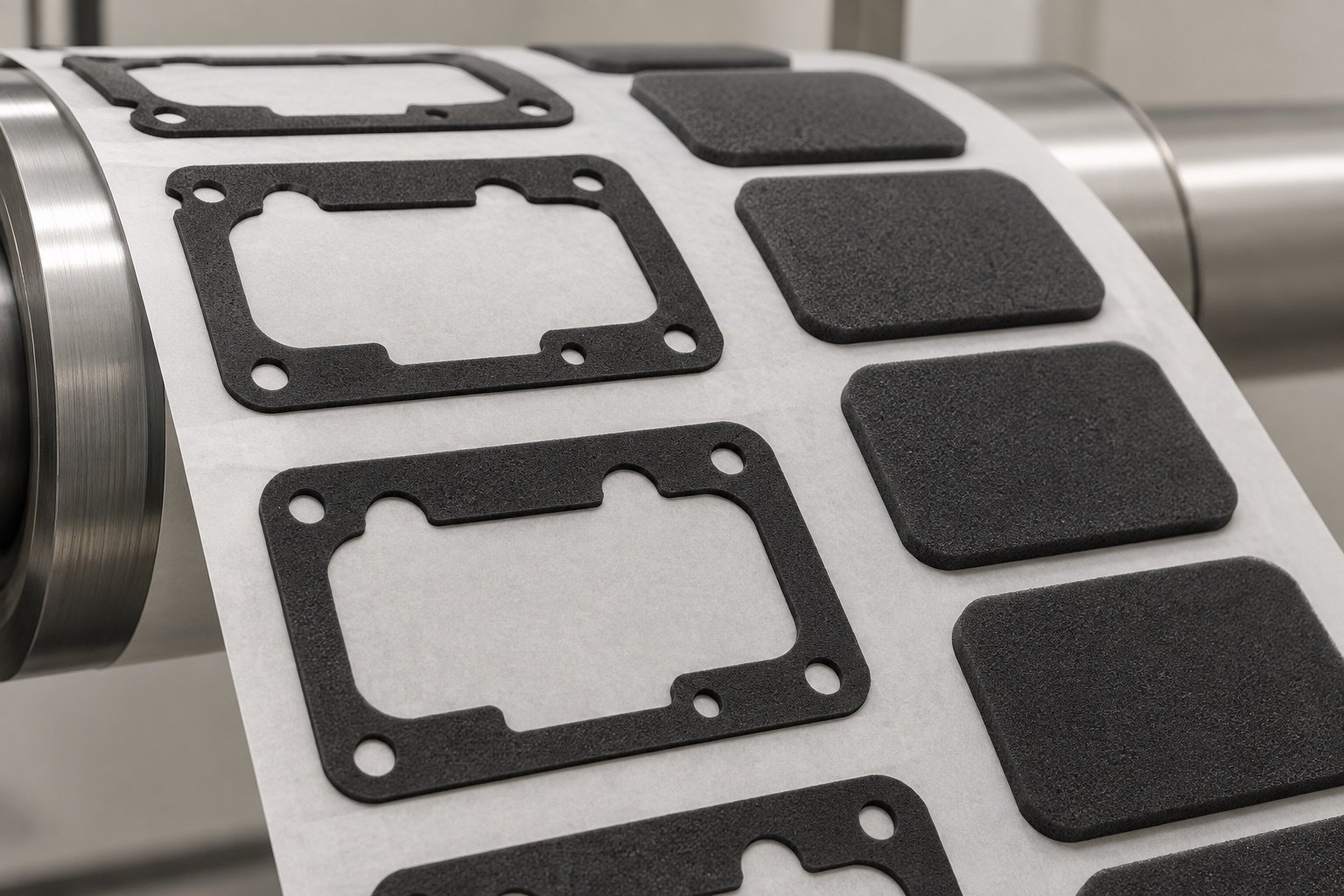 Conceptual converting web carrying die-cut foam gaskets and pads.