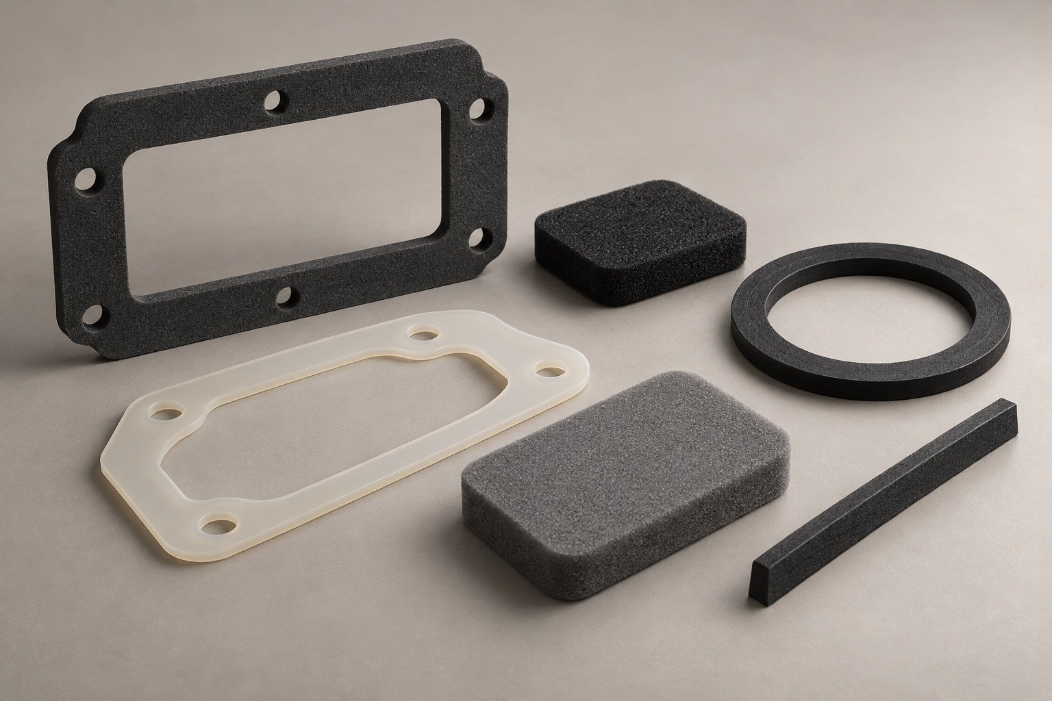 Conceptual foam, rubber and silicone gasket forms arranged on a neutral surface.