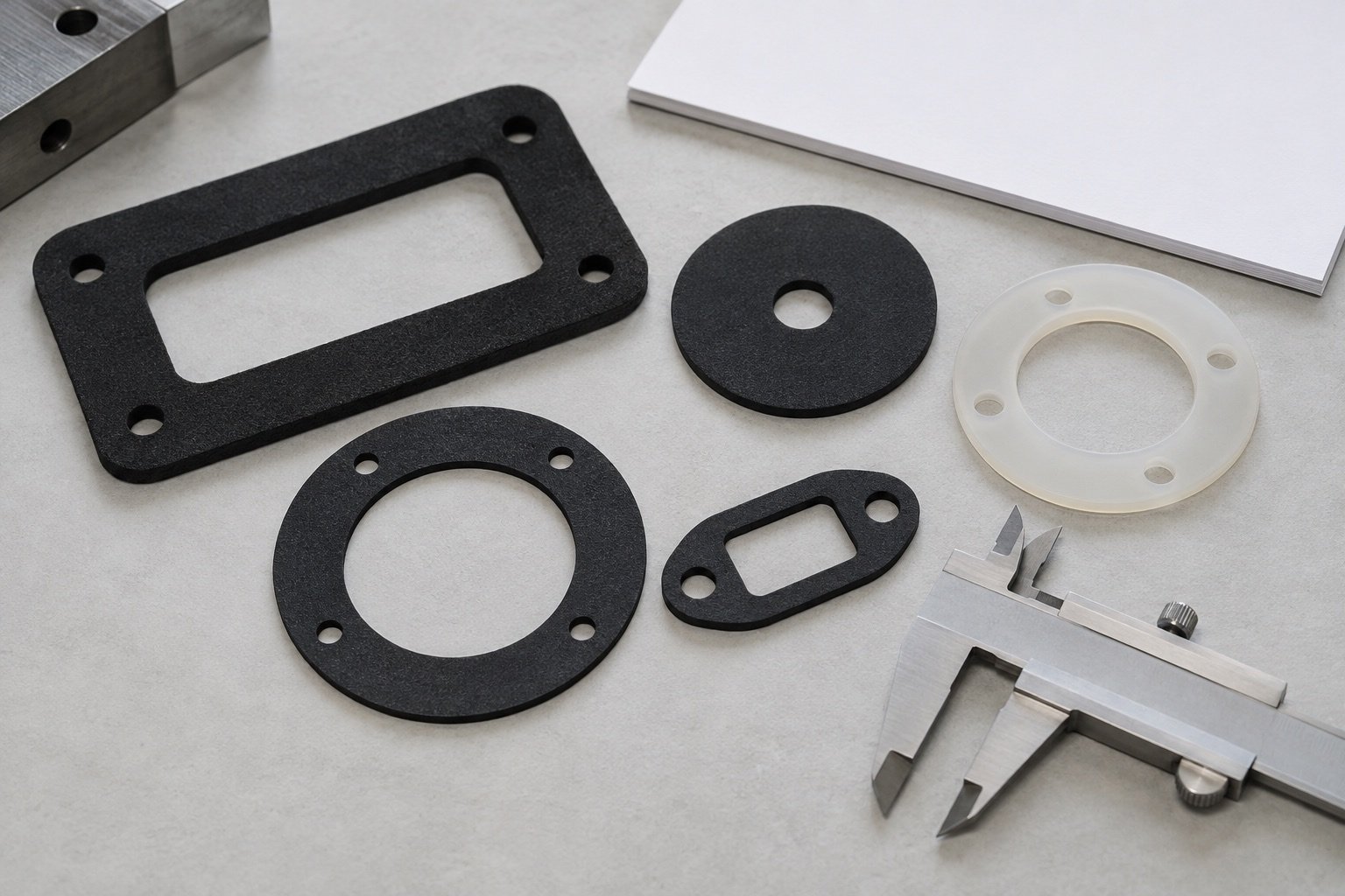 Conceptual gasket shapes beside a plain caliper for visual review.