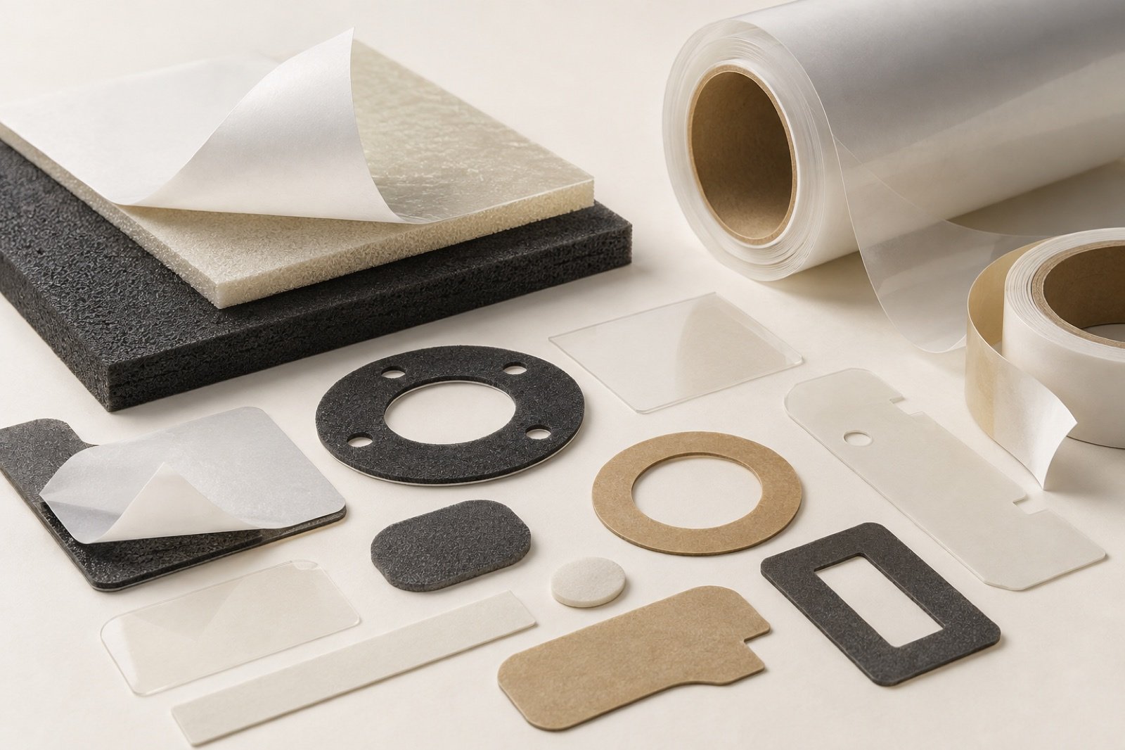 Functional foam and film sheets with adhesive layer and release liner