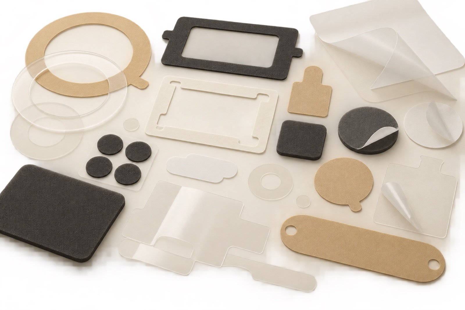 Flat die-cut adhesive parts and liner-backed functional shapes