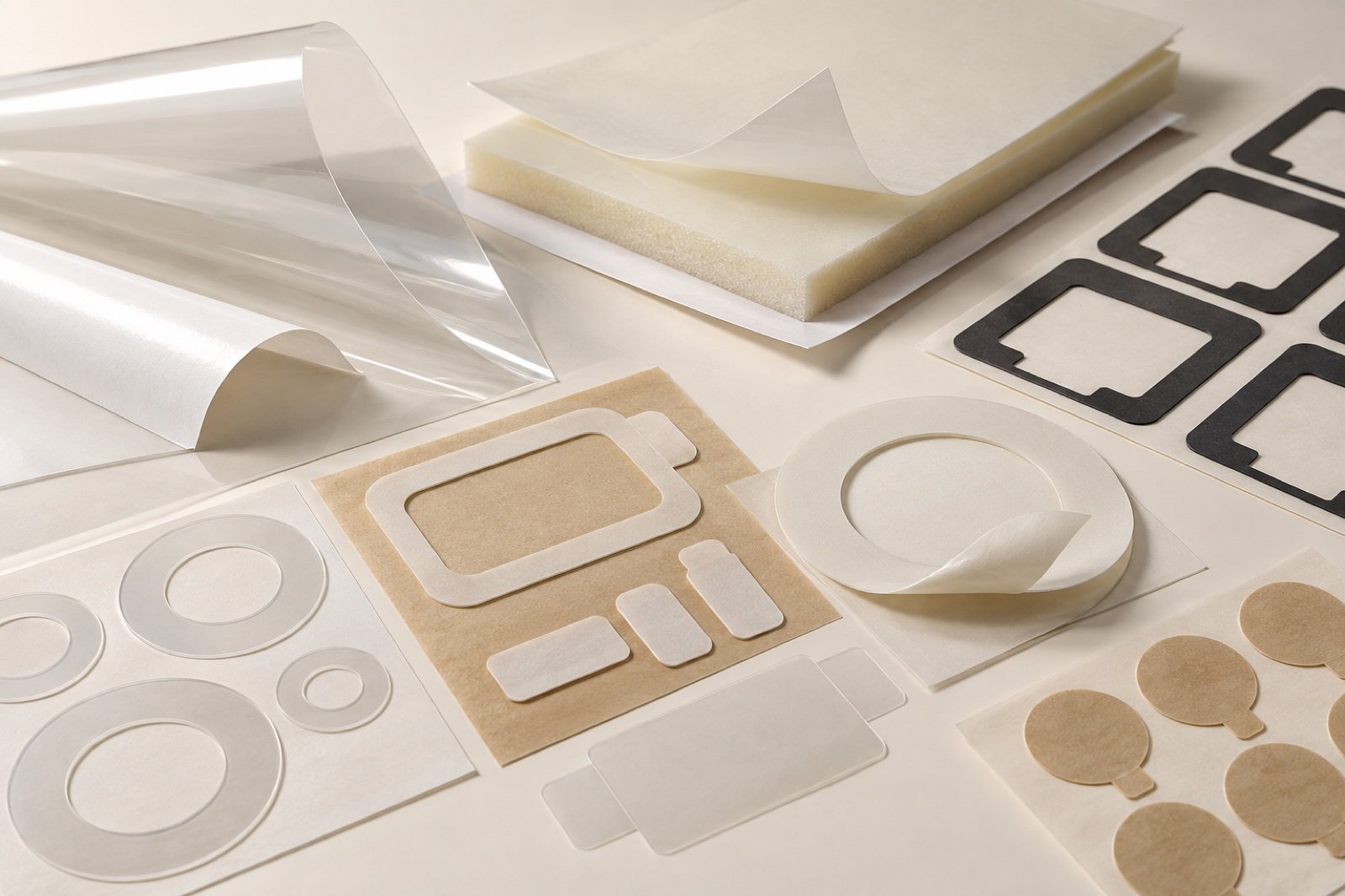Layered adhesive films and release liners with flat die-cut component shapes