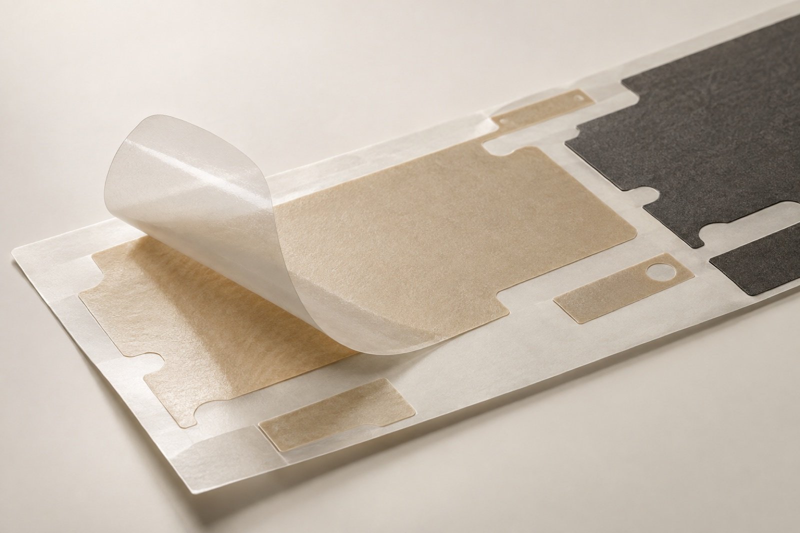 Pressure-sensitive adhesive film and liner with die-cut shapes on a neutral surface