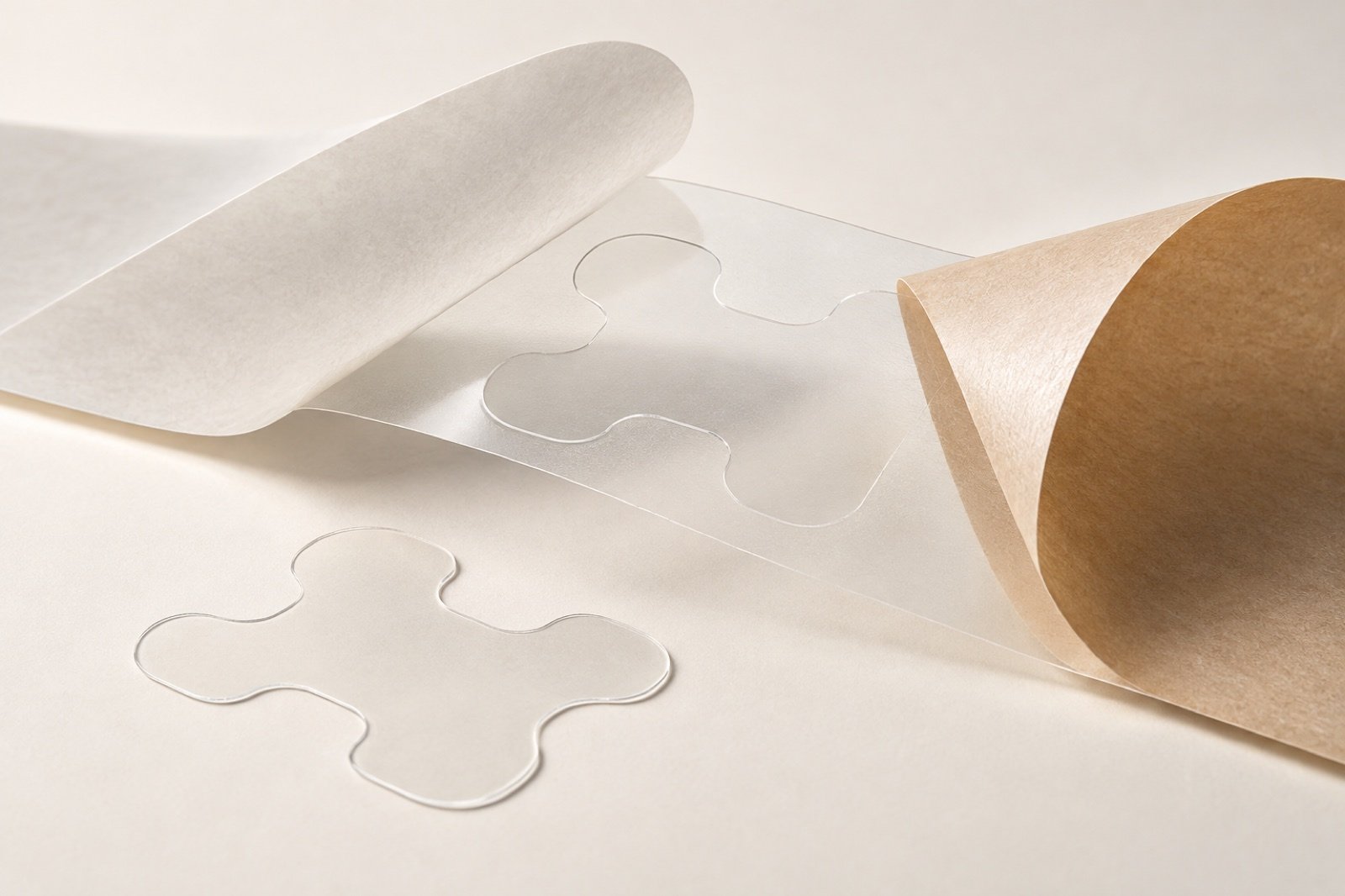 Thin adhesive transfer film with release liner and precision-cut shapes