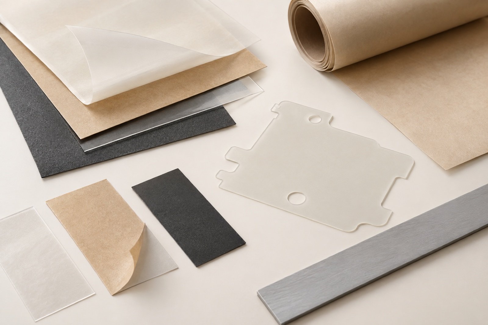 Neutral arrangement of layered adhesive samples and cut profiles for material review