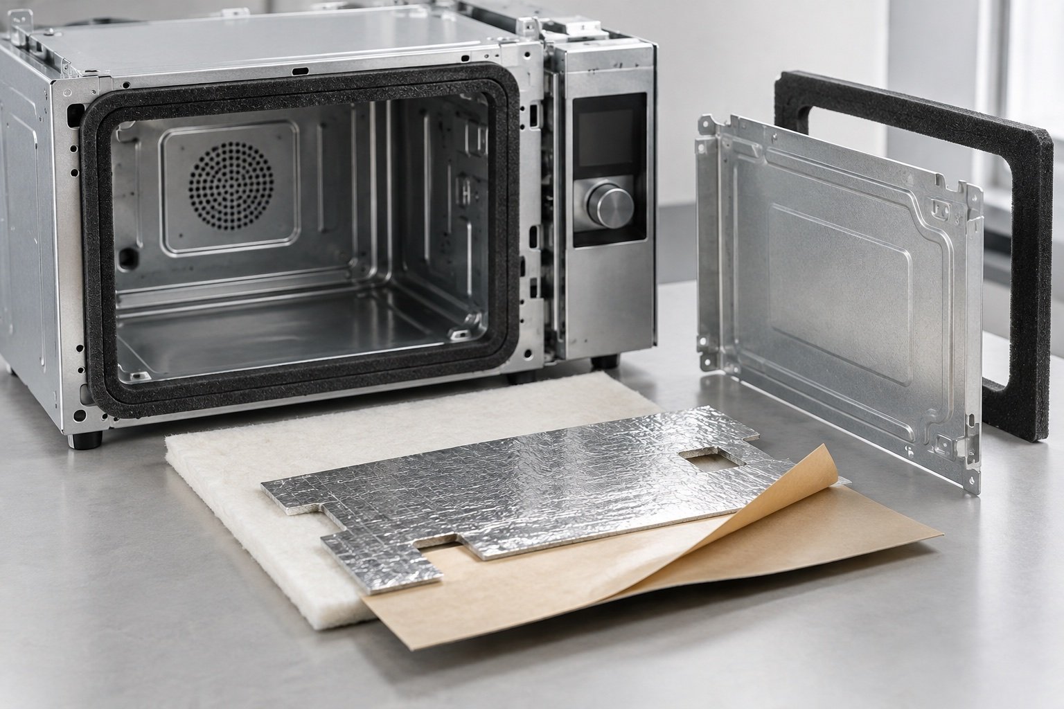 Unbranded appliance housing with foam gasket insulation and adhesive sheet forms