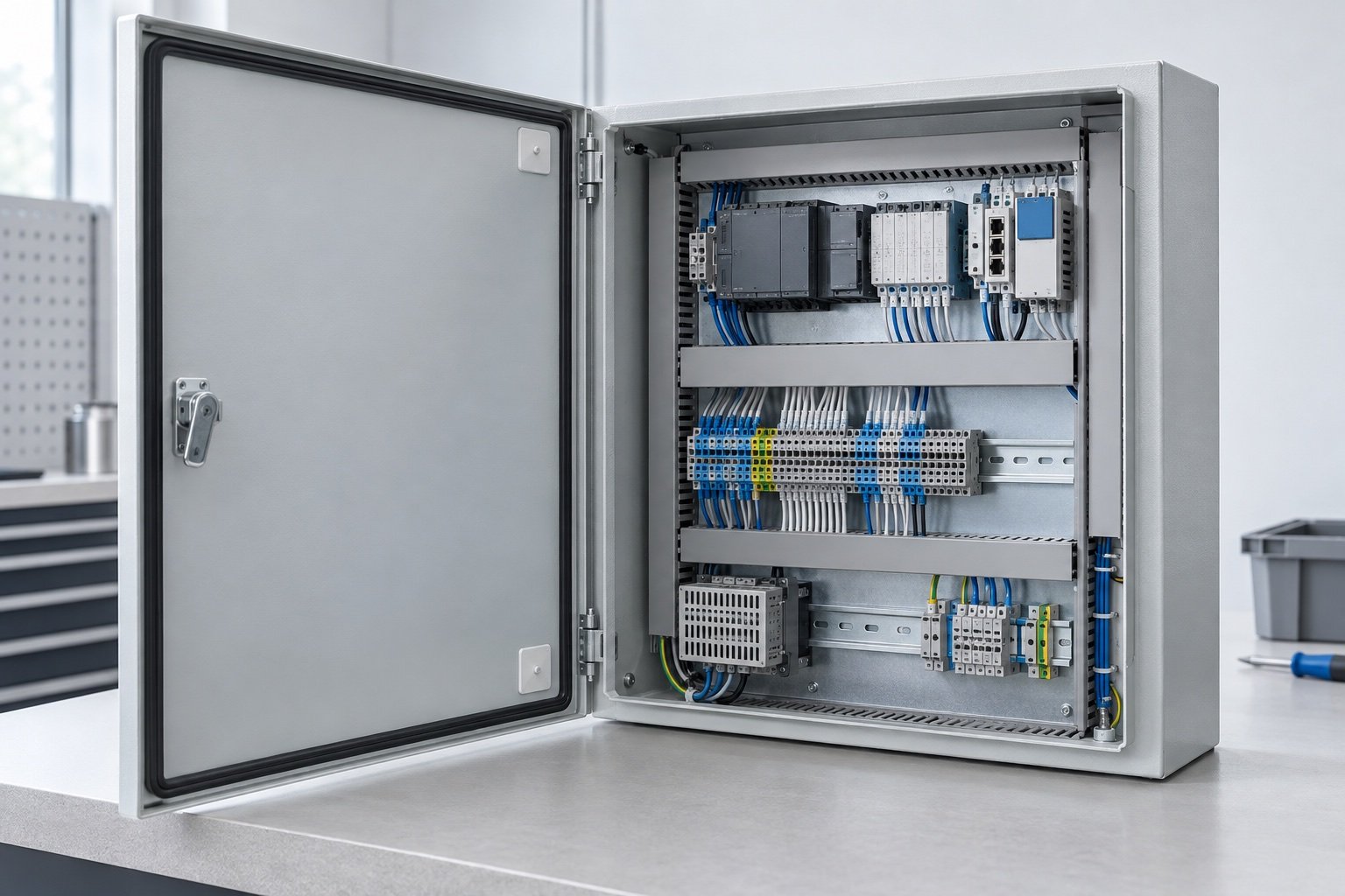Unbranded industrial control enclosure with edge gasket and internal electronic assembly