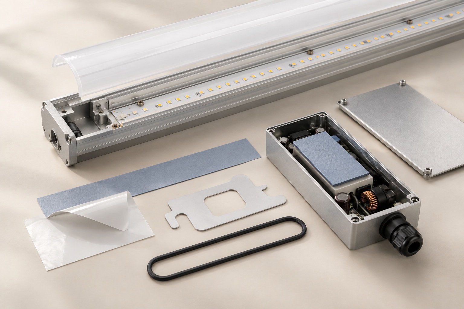 Unbranded LED lighting and driver assembly with thermal and insulating material forms