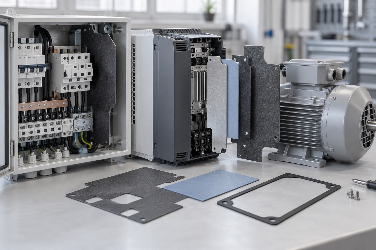 Unbranded motor drive and electrical enclosure with functional insulation and gasket forms