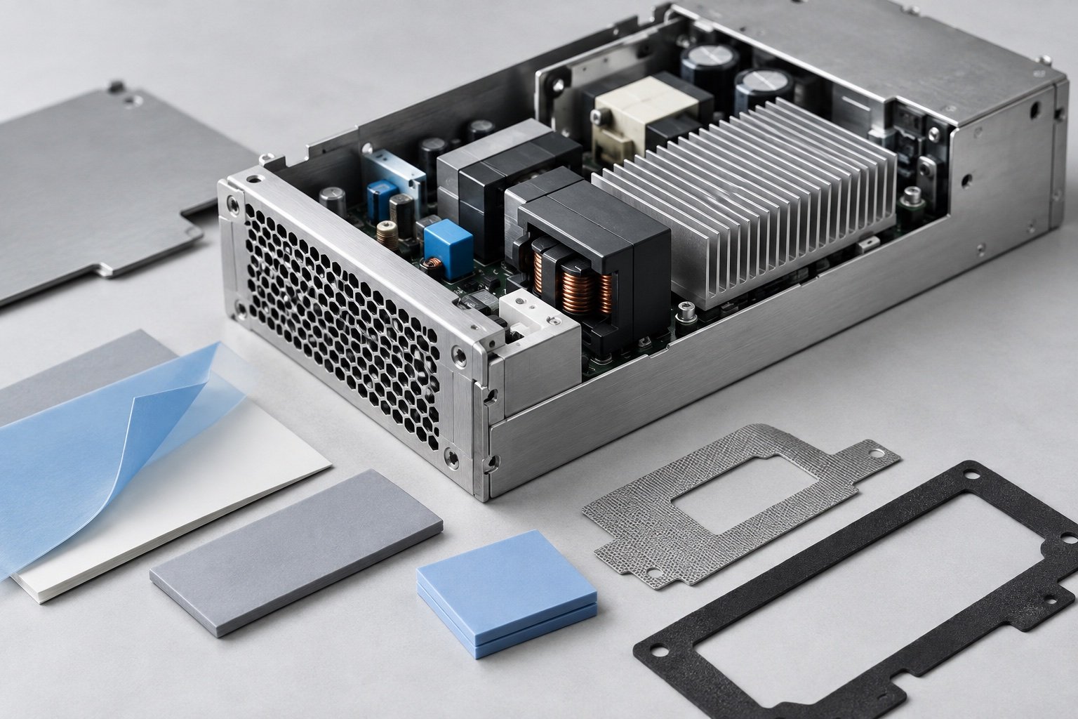 Unbranded power supply assembly with insulation films thermal pads and shielding gasket forms