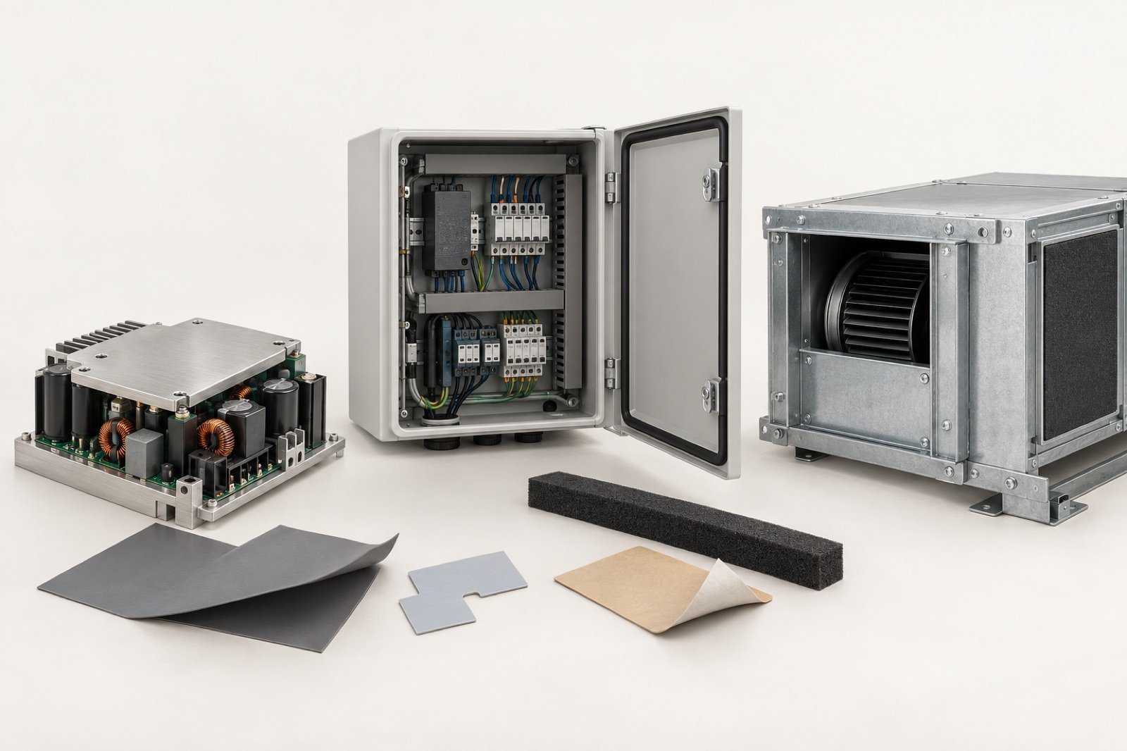 Unbranded power electronics control enclosure and HVAC equipment with functional material samples