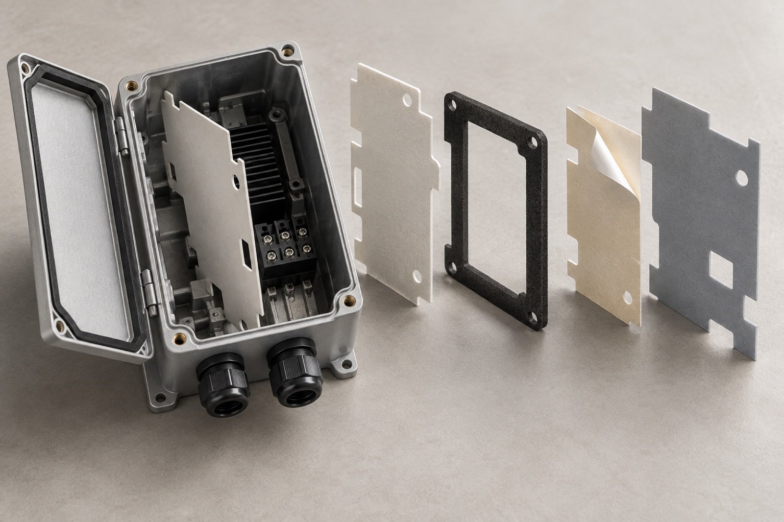 Open electrical enclosure with insulation barrier foam gasket adhesive liner and thermal sheet forms