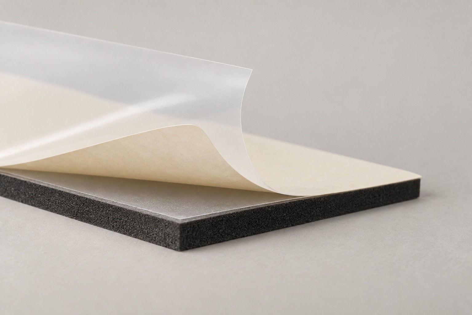 Layered adhesive, foam and film construction for functional components