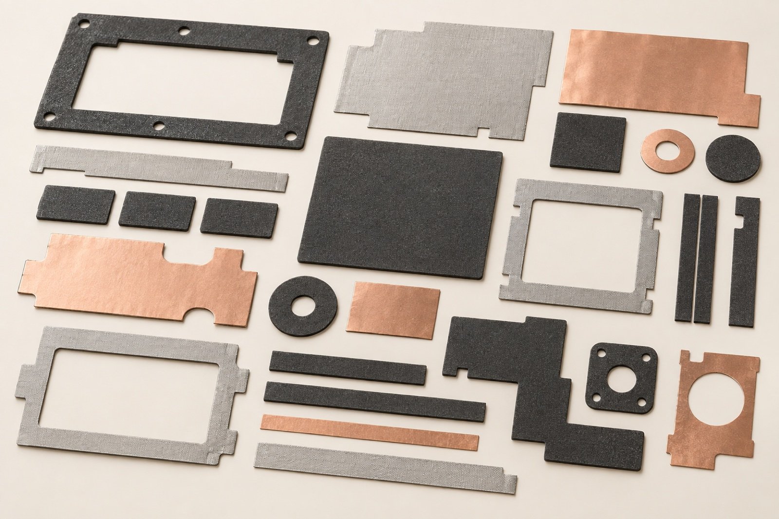 Flat frames pads and strips in foam fabric and foil-like materials