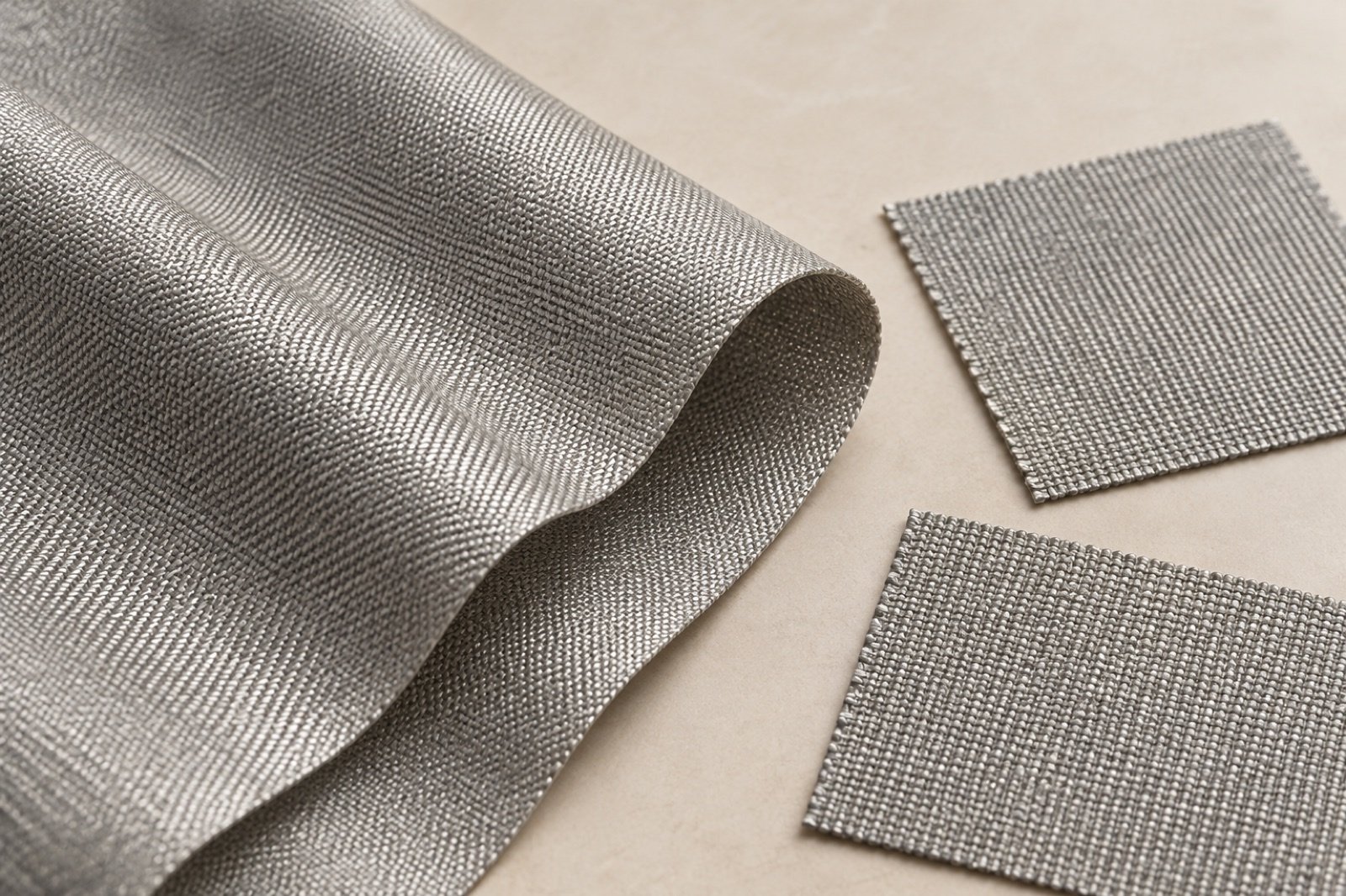 Silver woven technical fabric sheet with two cut patches