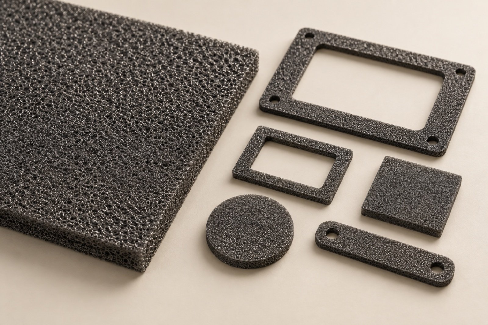 Charcoal porous foam sheet beside flat die-cut frame and pad forms