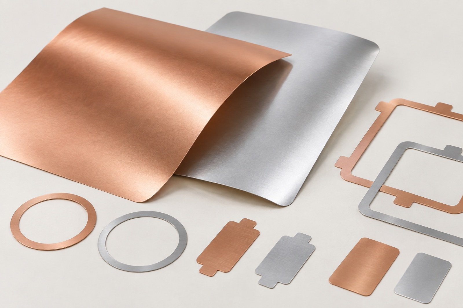 Copper-colored and aluminum-colored thin foil sheets with cut frames and tabs