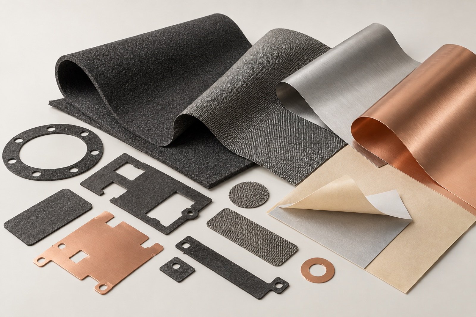 Conductive foam fabric and metallic foil forms with generic die-cut components