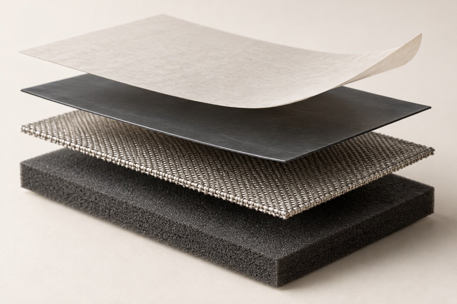 Exploded neutral stack of liner dark adhesive fabric and foam layers