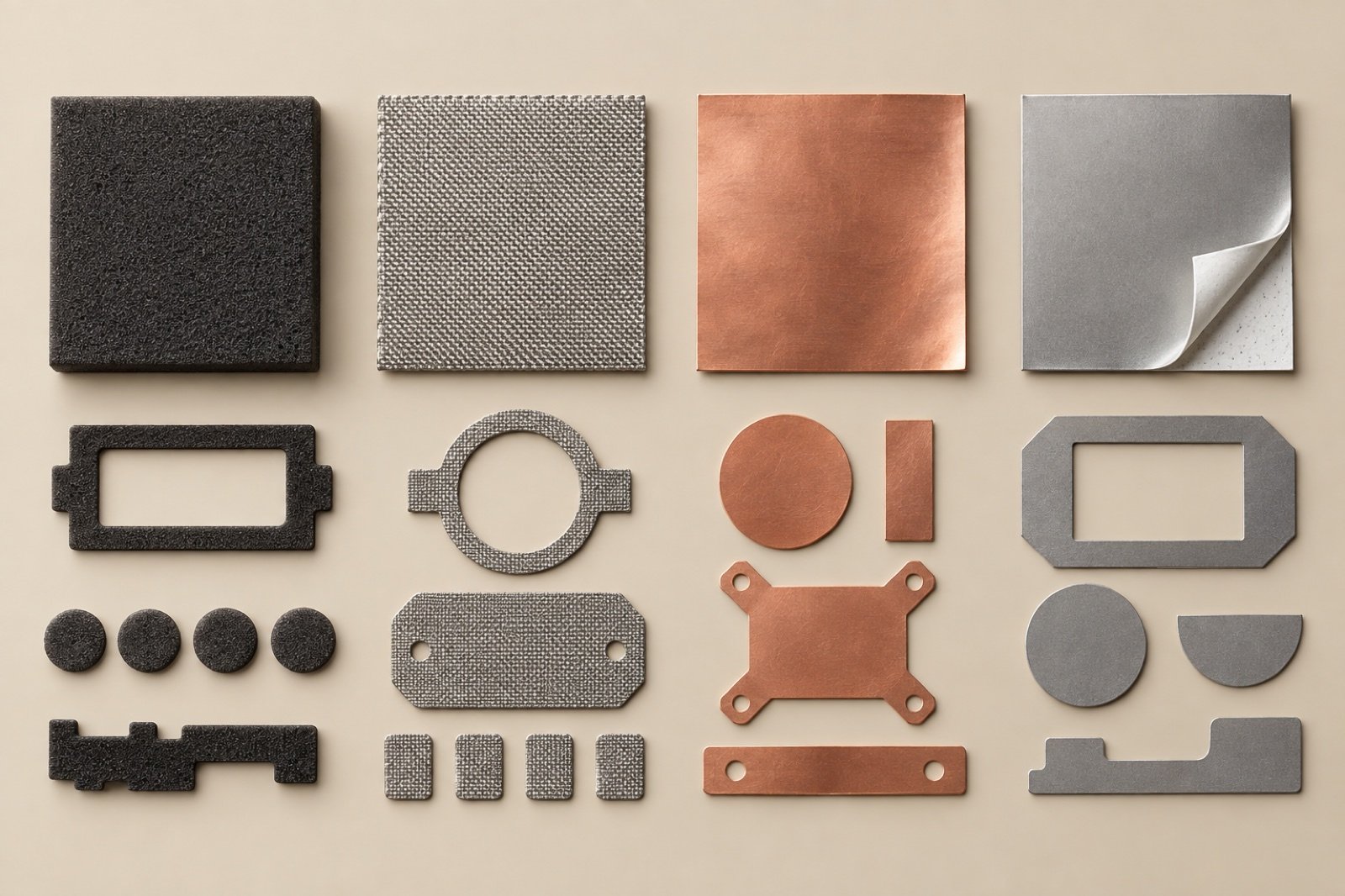 Foam woven fabric foil and adhesive-backed material swatches with cut profiles