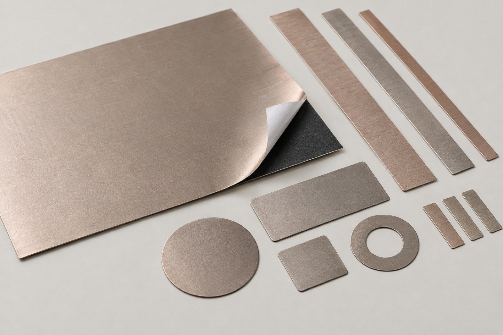 Metallic adhesive-backed sheet and liner with cut shielding strips and patches