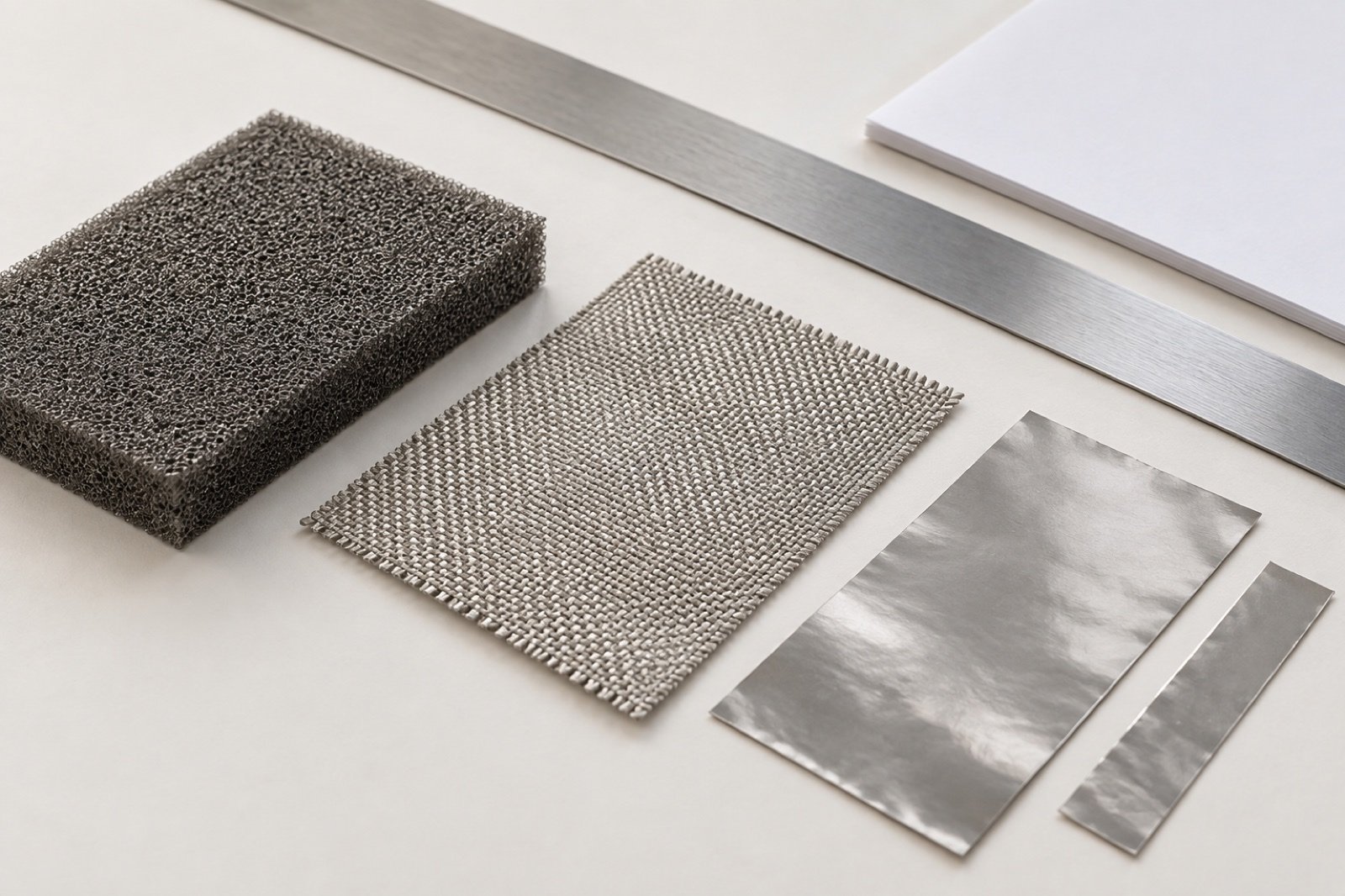 Neutral foam fabric and foil samples beside an unmarked straightedge