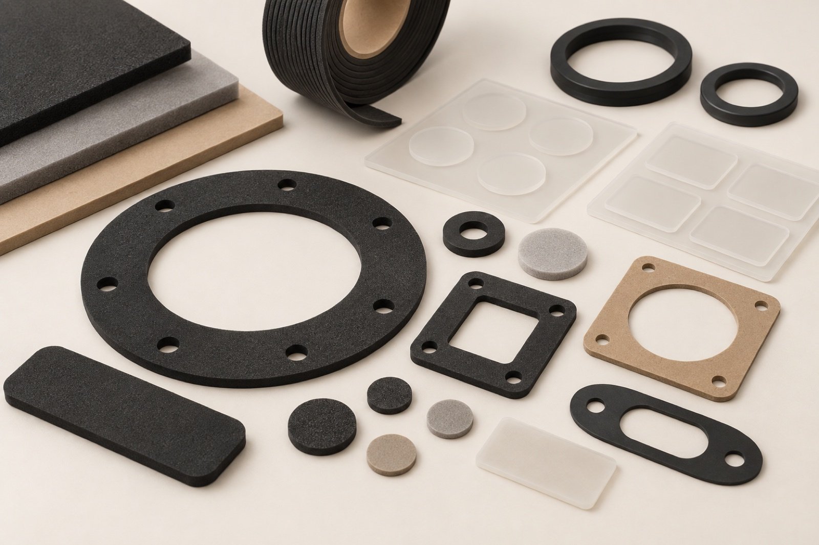 Flat die-cut foam rubber and silicone gaskets and pads arranged together