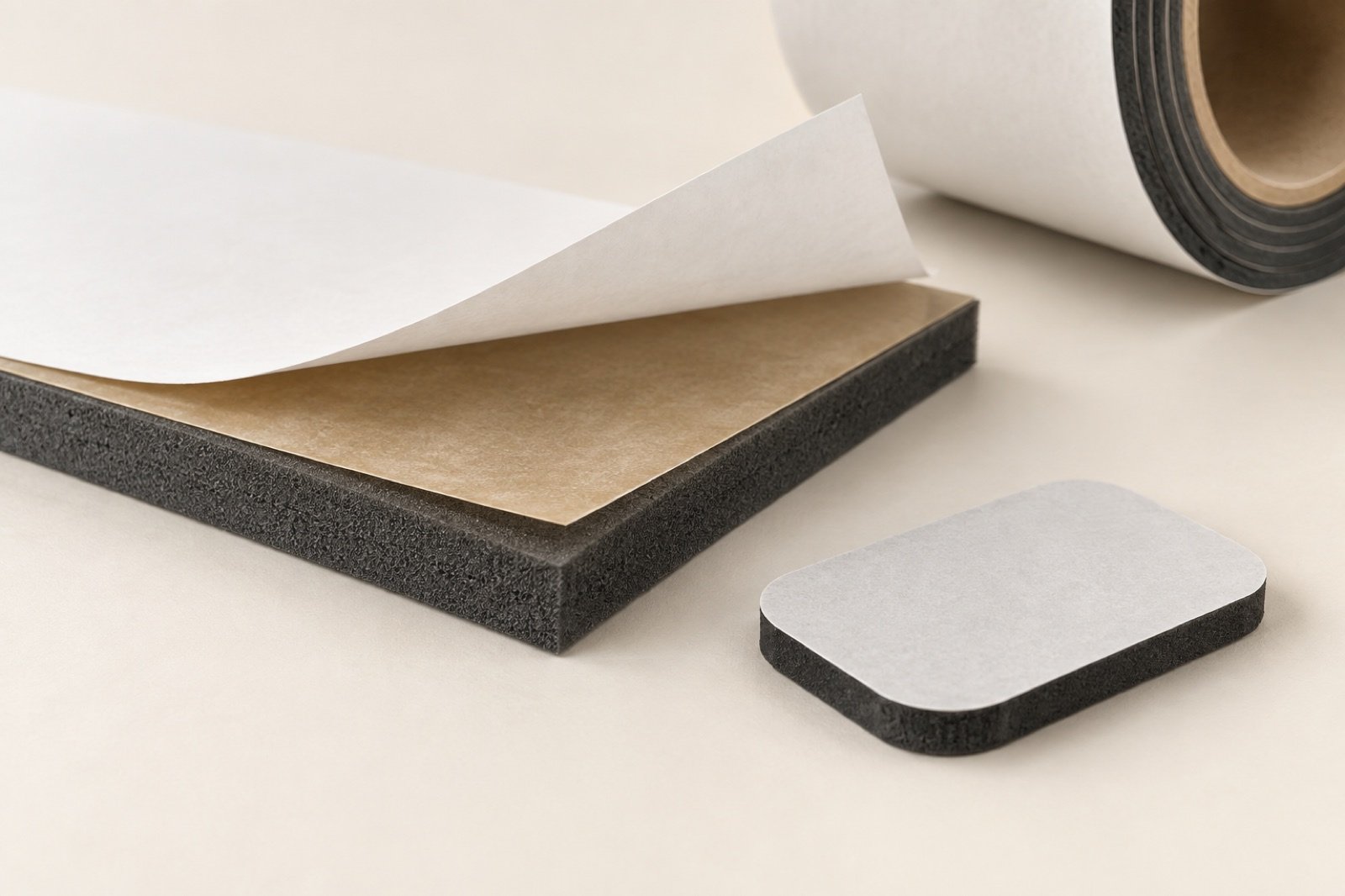 Layered flexible foam with adhesive and release liner beside a die-cut pad