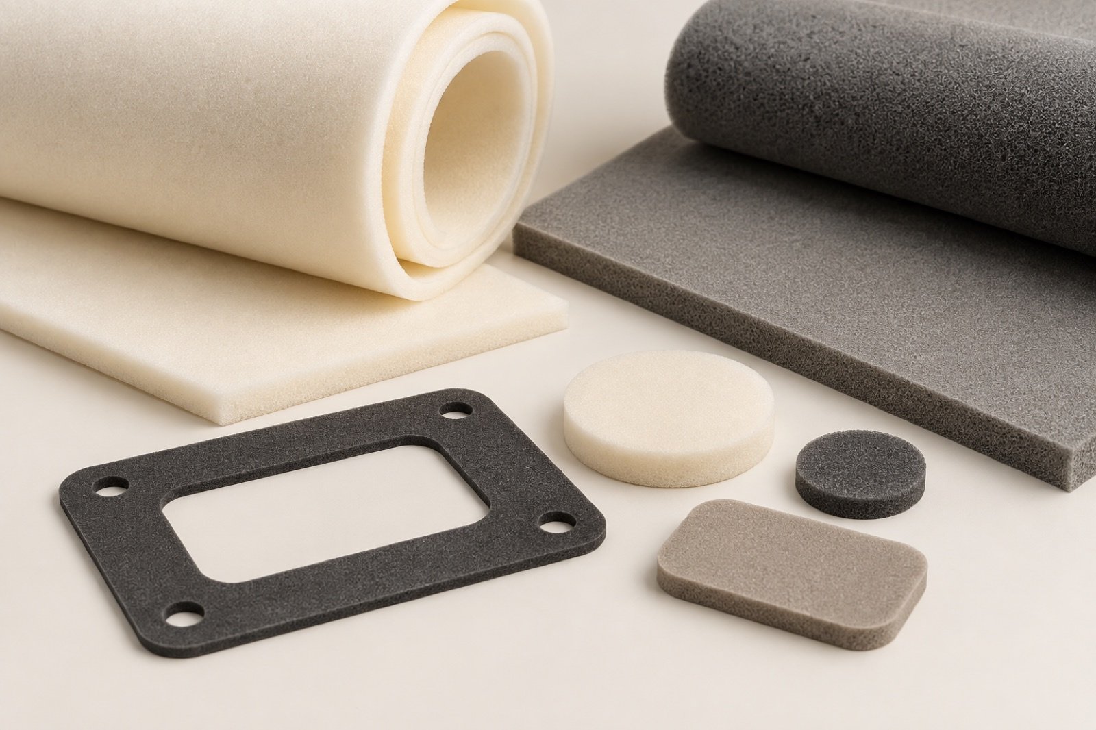 Cream and gray foam sheets with die-cut foam pads and gasket profile