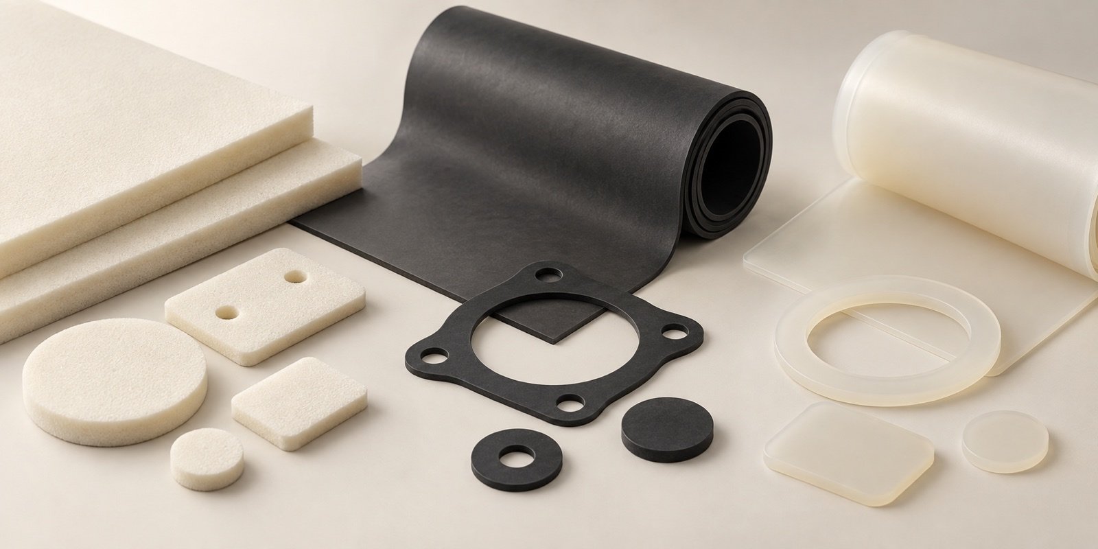 Foam rubber and silicone sheets with flat die-cut pads and gasket shapes