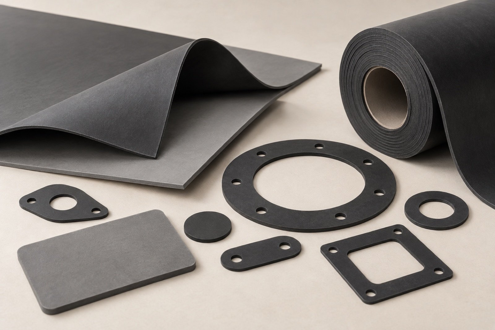 Dark rubber sheet rolls and flat die-cut rubber gasket shapes
