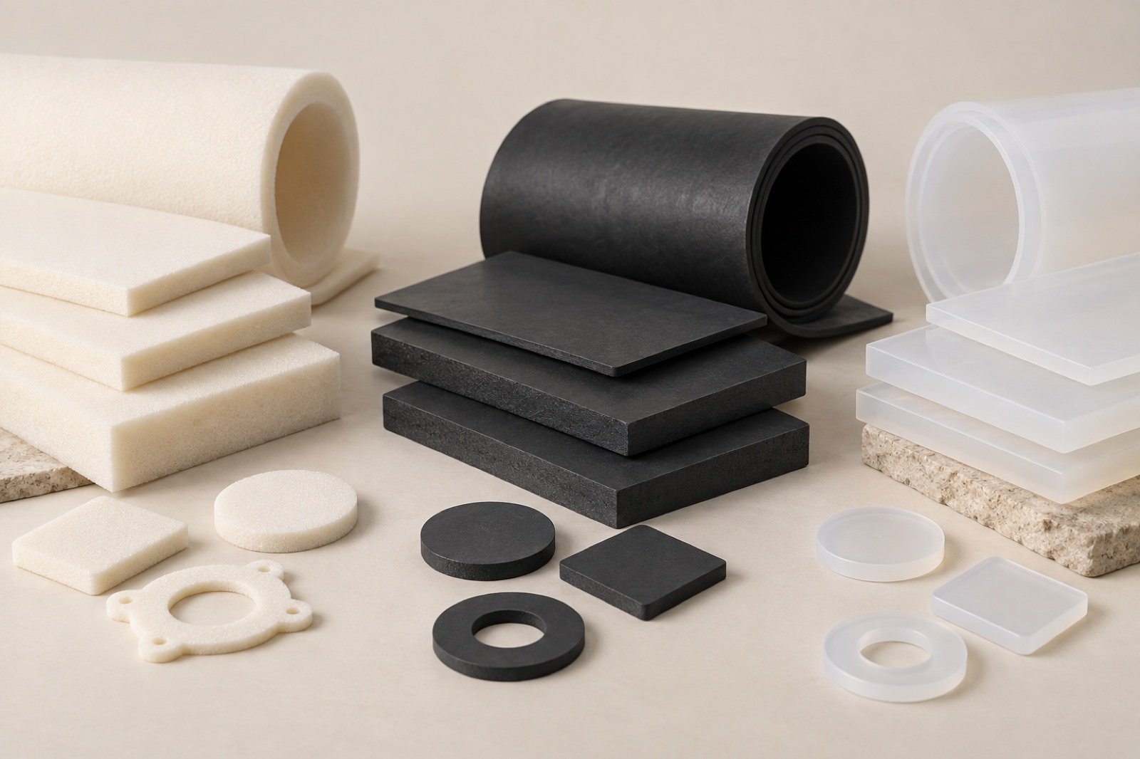 Foam rubber and silicone sheet samples with different forms and cut profiles