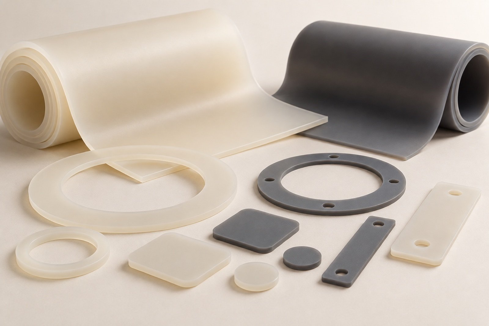 Translucent and gray silicone rubber sheets with die-cut rings and pads