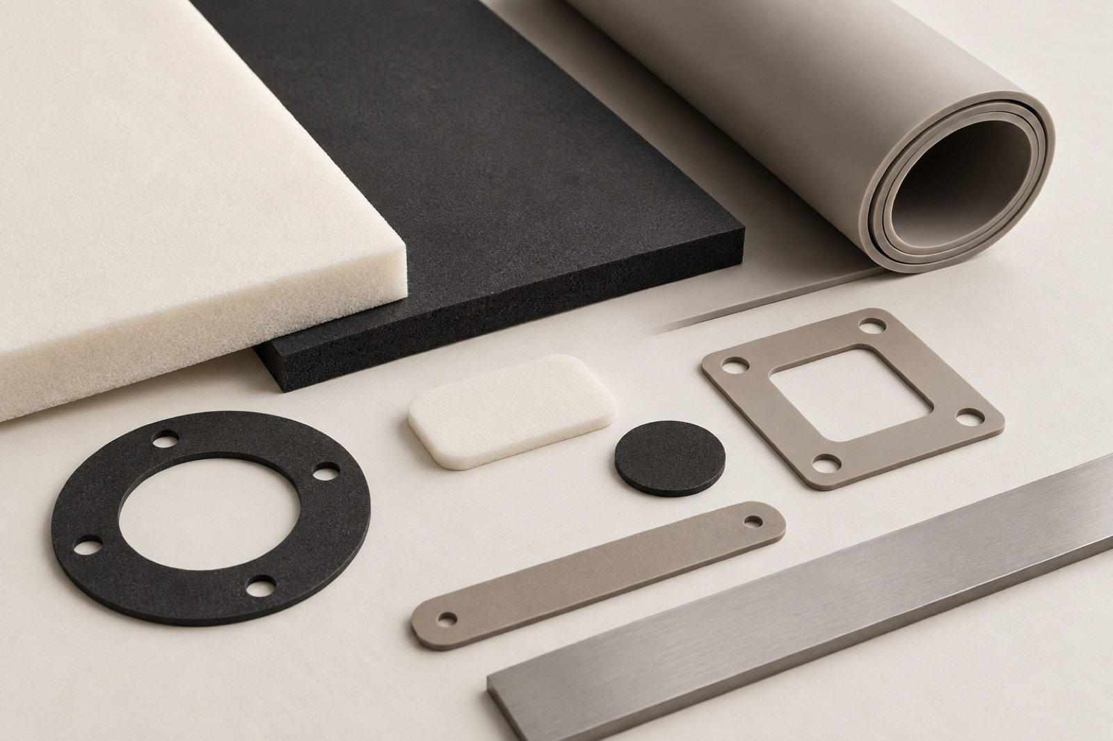 Foam rubber and silicone samples with die-cut shapes and an unmarked straightedge