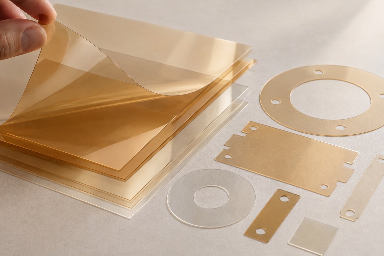 Translucent film sheets and flat die-cut insulation shapes representing PET materials